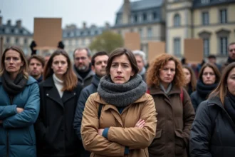 Groupe de citoyens manifestant devant l'hôtel de ville de Caen