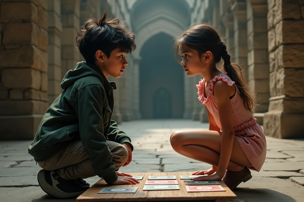 Adolescent et femme avec objets magiques dans une salle mystérieuse