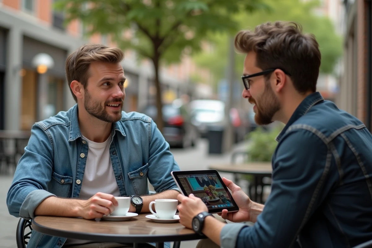 Deux hommes discutant avec café et tablette en extérieur