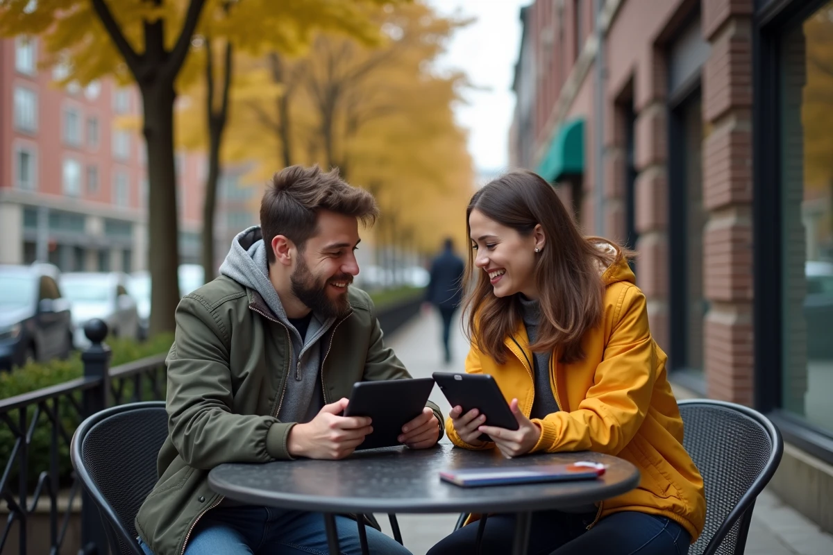 Deux amis discutant avec tablettes de webtoon en extérieur