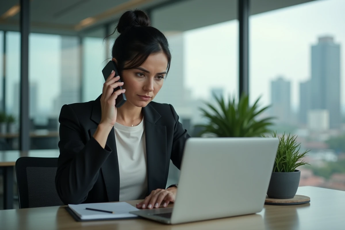 Femme au bureau tenant un téléphone en examinant un écran