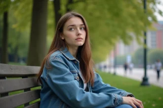 Jeune femme contemplative assise sur un banc dans un parc