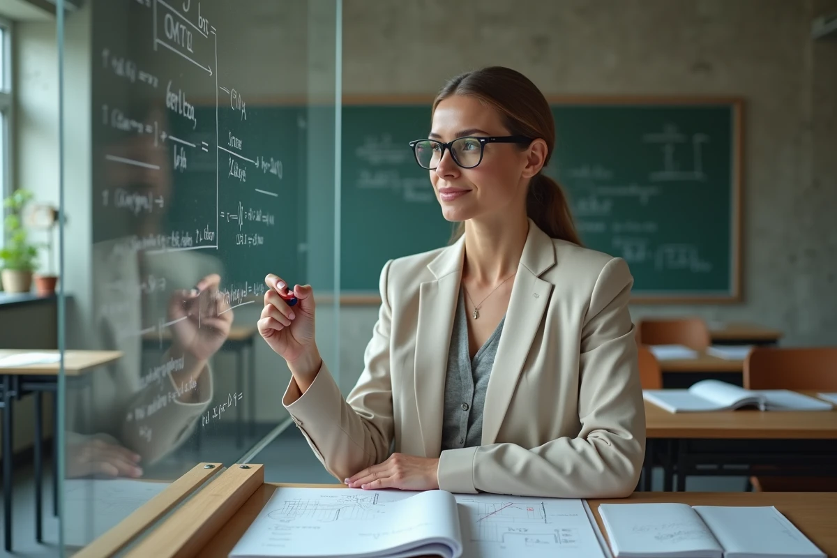 Femme écrivant des équations vectorielles en classe universitaire