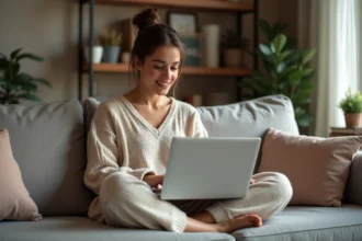 Jeune femme en loungewear relaxe sur un canapé moderne