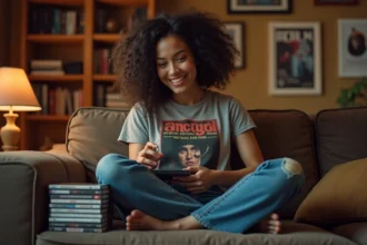 Jeune femme assise sur un canapé avec DVD vintage et ambiance cozy