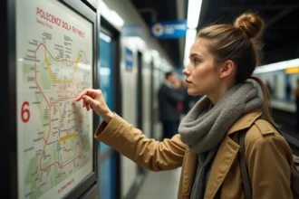 Jeune femme pointant la carte du metro parisien