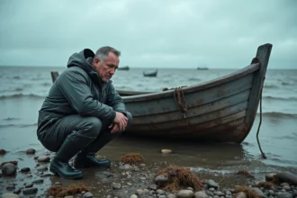 Homme en équipement imperméable examine un bateau endommagé après une tempête