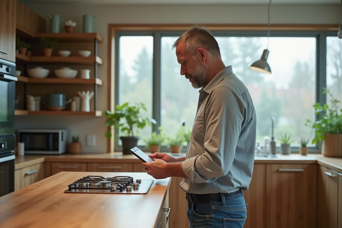 Homme d age moyen utilisant une tablette dans la cuisine