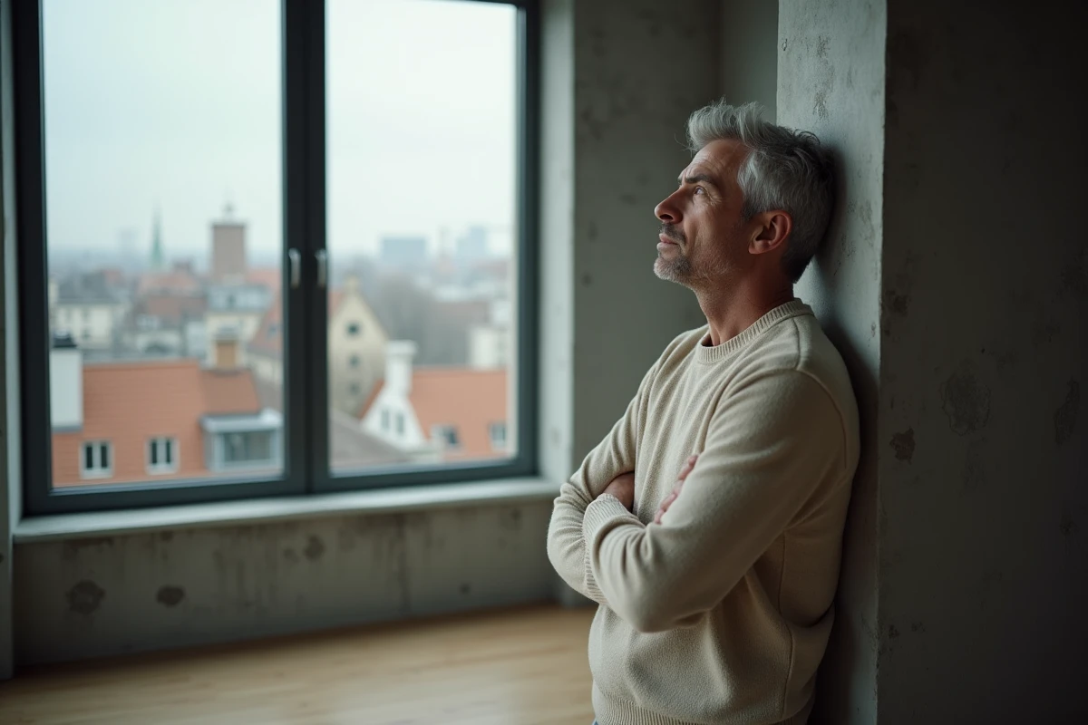 Homme pensif regardant par la fenêtre dans un appartement