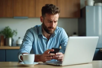 Homme en cuisine regardant son smartphone avec perplexite