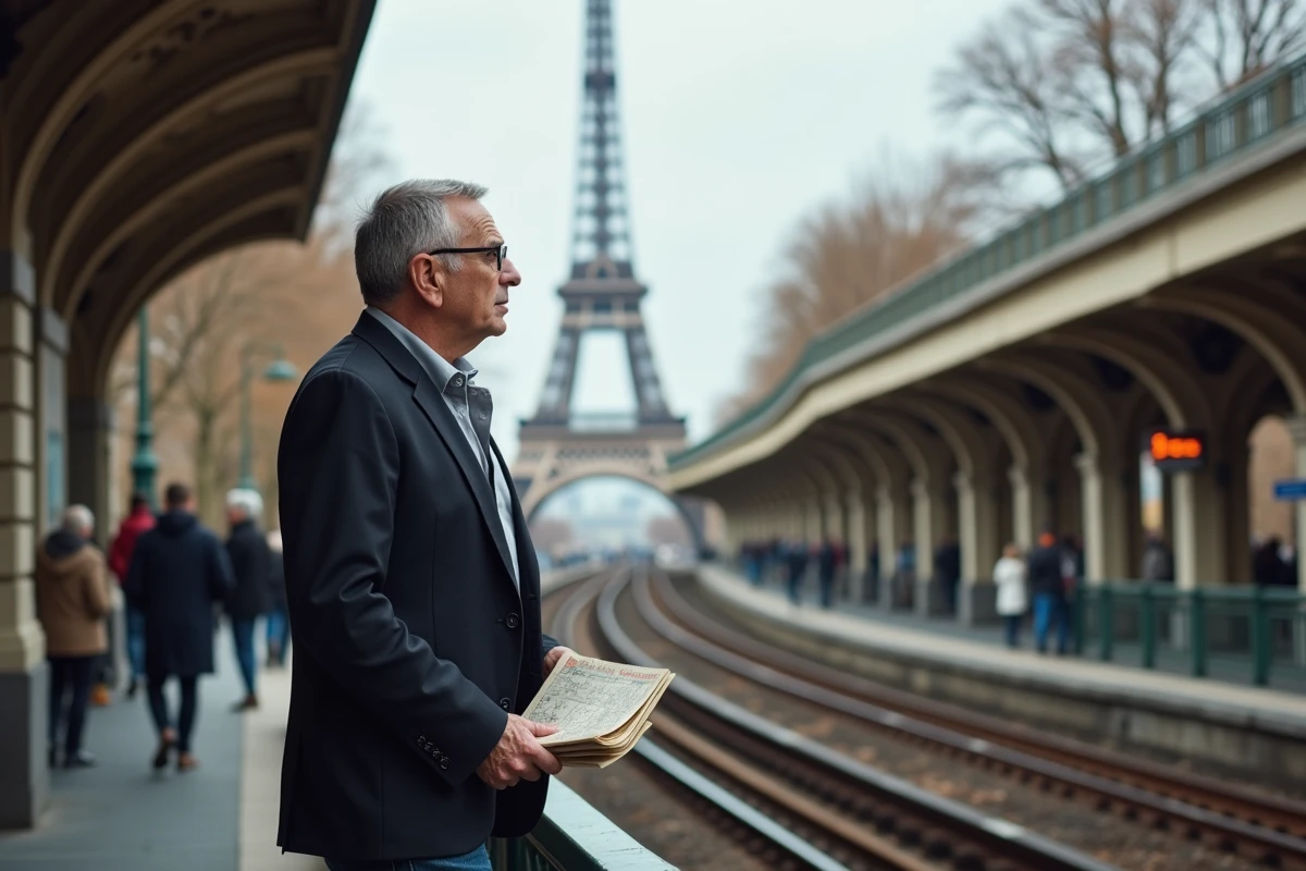 Homme regardant la tour Eiffel depuis la station Passy