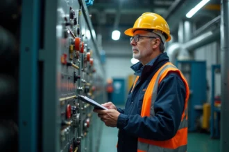 Inspecteur homme en veste de travail et gilet réfléchissant dans une usine