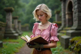Jeune femme blonde regardant un livre de sorts dans la nature