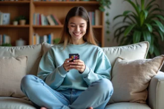 Jeune femme souriante lisant un webtoon sur smartphone dans un salon cosy