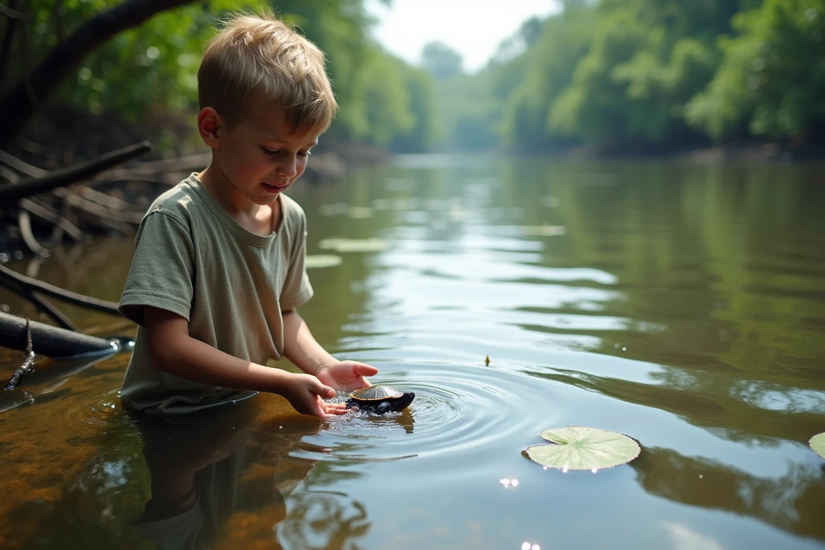 Jeune garçon relâche une tortue dans la rivière