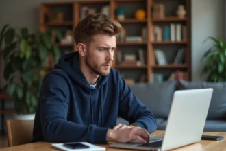 Jeune homme concentré dans un bureau moderne à la maison