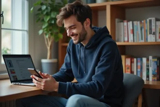 Jeune homme avec smartphone dans un bureau manga