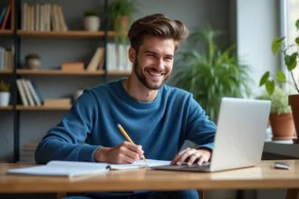 Jeune homme concentré prenant des notes dans un bureau lumineux