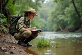 Scientifique en tenue trekking observe la rivière tropicale