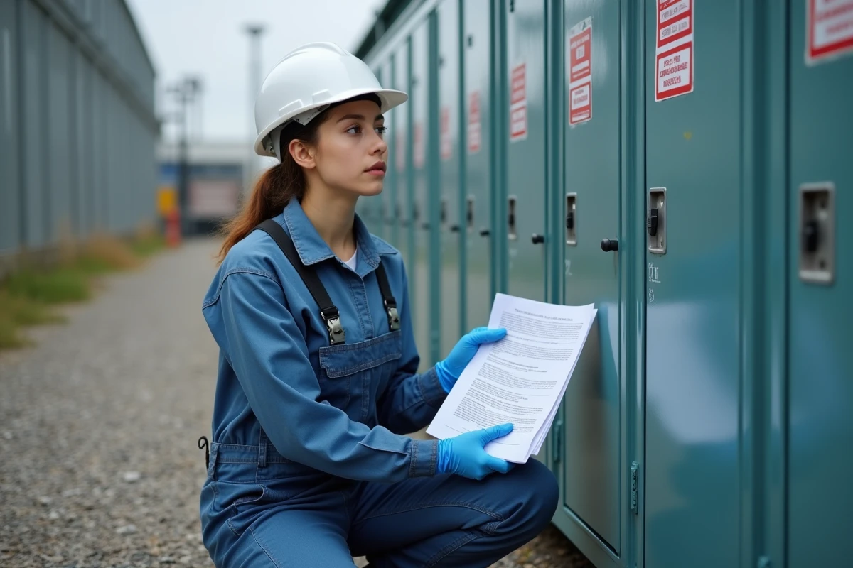 Jeune technicienne en casque blanc et overalls près d’un armoire industrielle