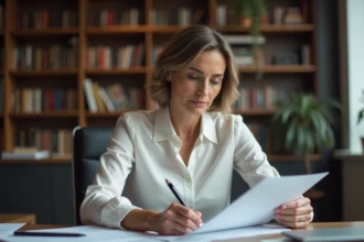Femme concentrée relisant un script de theatre dans son bureau