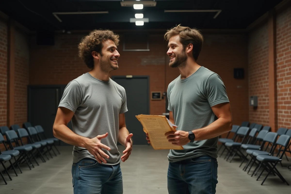 Deux jeunes acteurs en rehearsal dans une salle de theatre