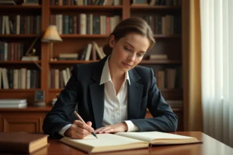 Femme rédigeant une lettre formelle en français soutenu à son bureau avec un stylo plume et du papier crème
