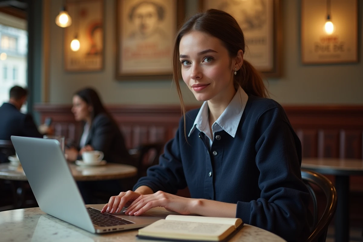Jeune femme rédigeant une lettre officielle en français dans un café parisien avec un carnet et un ordinateur portable