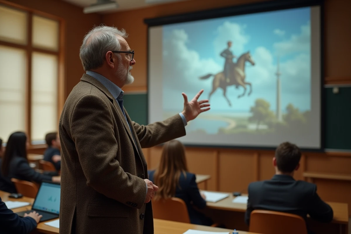 Professeur présentant le tableau American Progress de John Gast dans une salle de cours universitaire