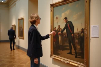 Femme examinant le tableau American Progress de John Gast dans un musée d'art américain