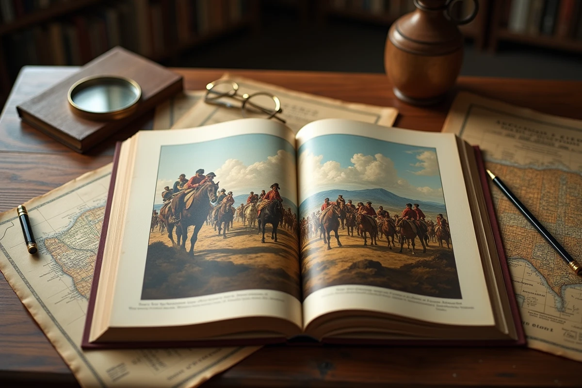 Livre d'art ouvert sur la peinture American Progress de John Gast avec notes de recherche sur un bureau en bois