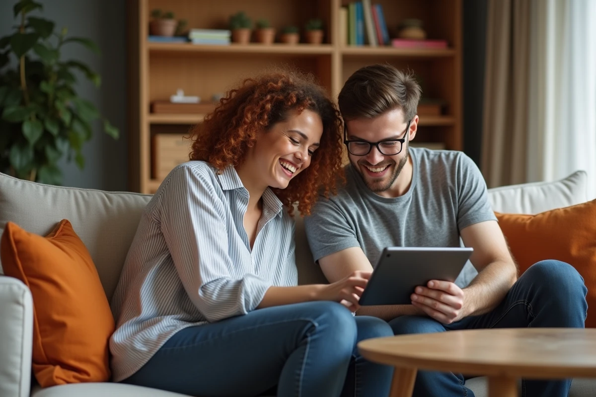 Deux amis riant ensemble en jouant à un jeu sémantique sur tablette dans un salon convivial et décoré avec goût