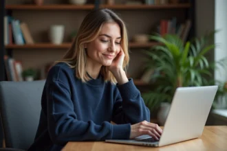 Femme rédigeant un avis utilisateur sur un site web depuis son bureau à domicile