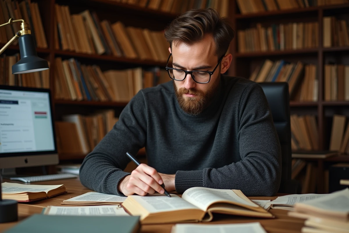 Chercheur en linguistique comparant des définitions dans des dictionnaires spécialisés dans un bureau d'études entouré de livres