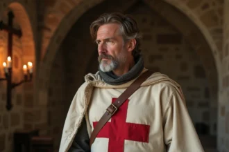 Chevalier Templier en costume médiéval authentique portant la croix rouge dans une chapelle en pierre, illustration de la foi chrétienne des Templiers