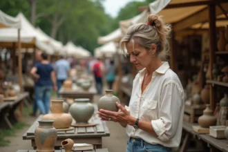 Femme chinant une vase vintage sur un stand du Troc et puces 56 en Bretagne, examinant un objet de seconde main à la recherche d'une bonne affaire