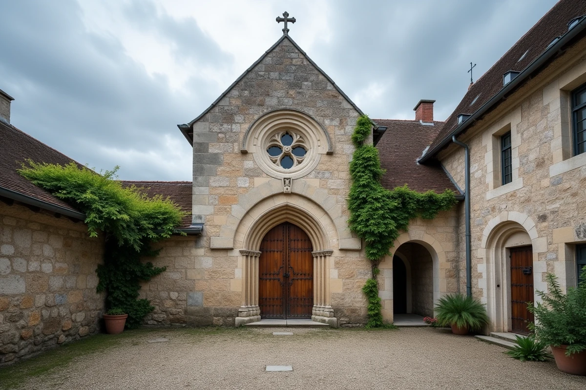 Commanderie templière romane restaurée en pierre calcaire dans la campagne française, symbole du combat spirituel et de la foi chrétienne des Templiers