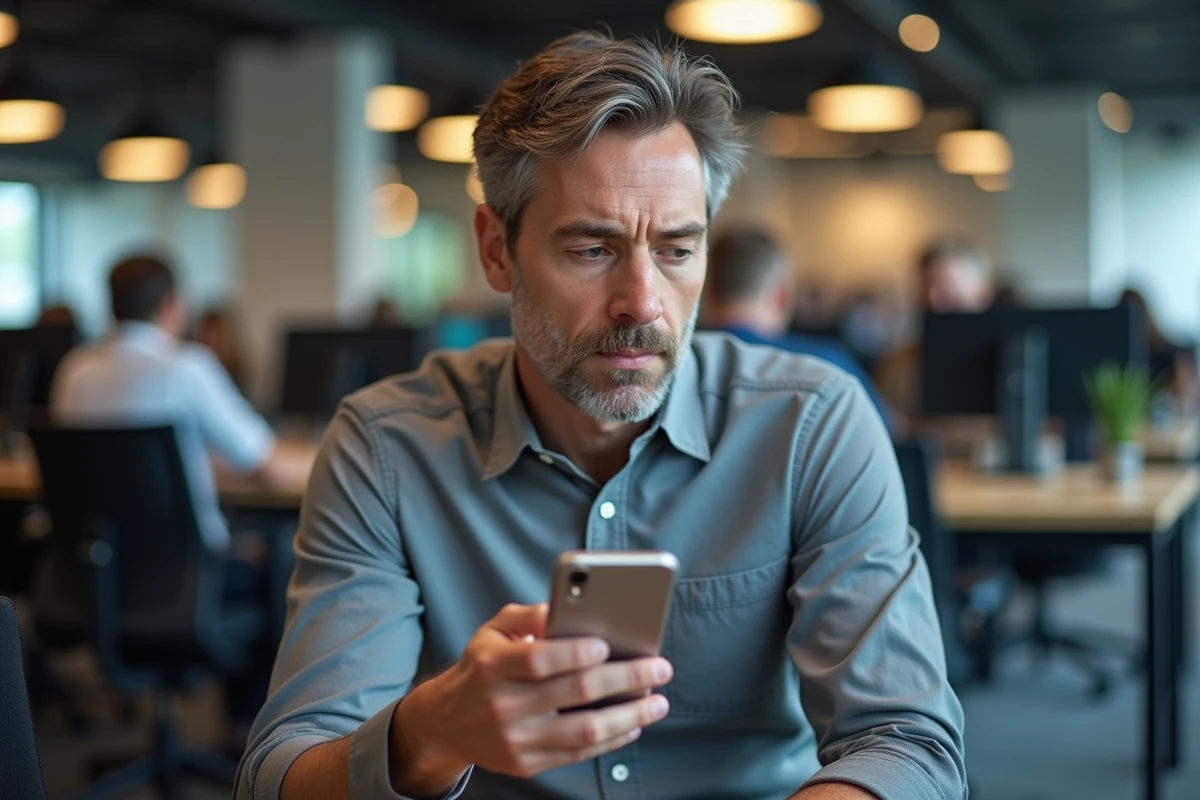 Homme consultant des avis en ligne sur son smartphone dans un espace de coworking