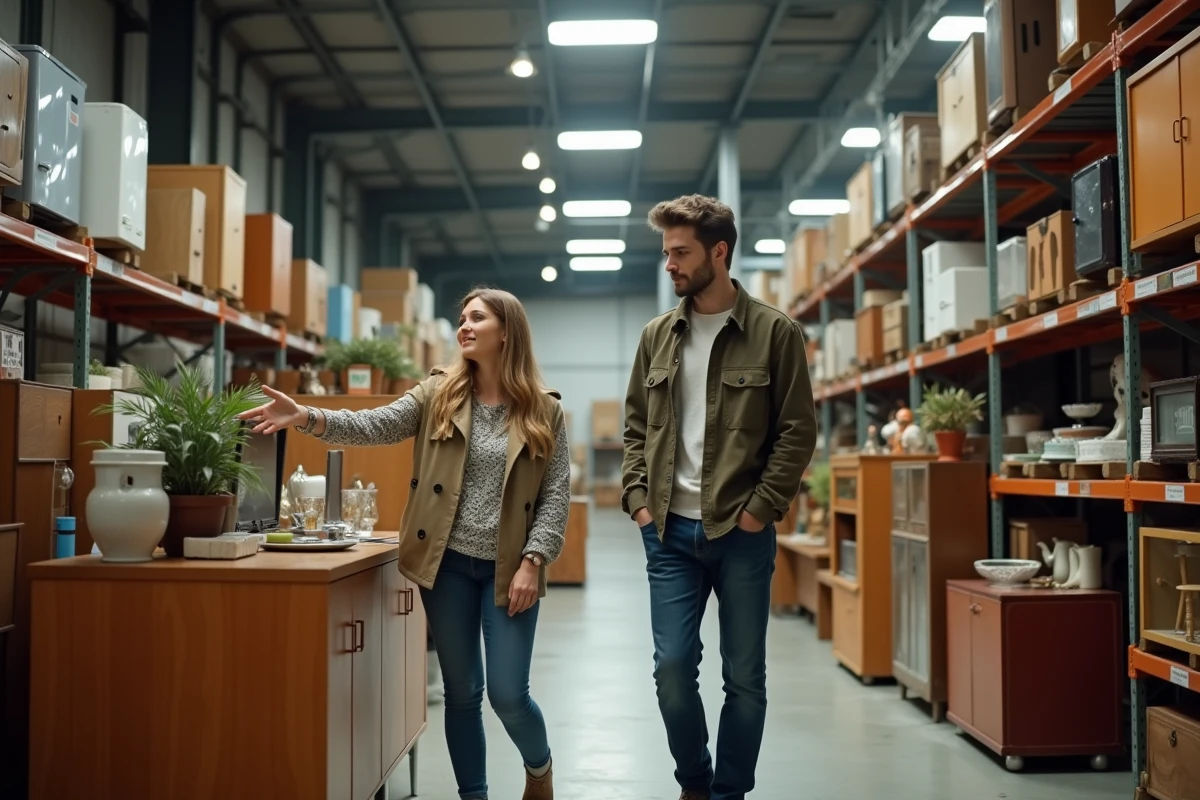 Couple découvrant un meuble vintage dans un magasin Troc et puces en Bretagne, à la recherche d'une bonne affaire sur des meubles et objets de seconde main