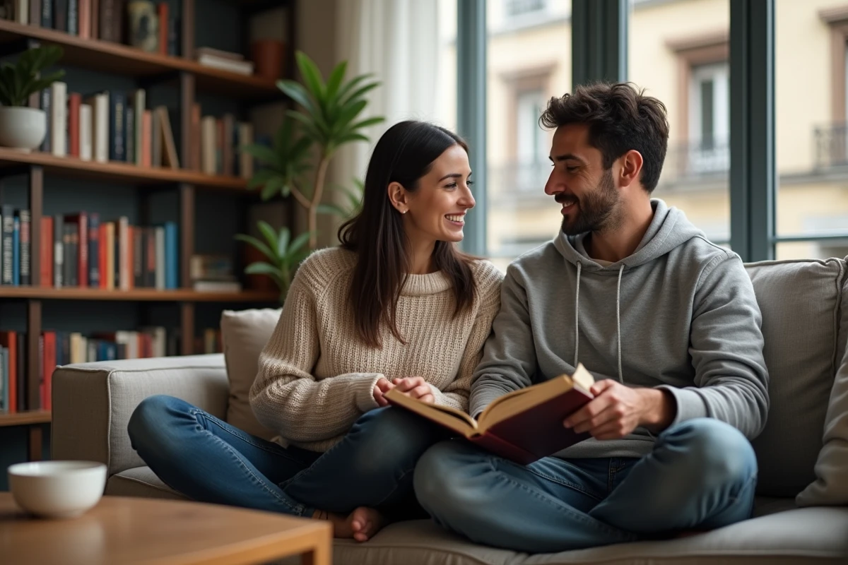 Femme portugaise et compagnon français lisant ensemble un livre annoté dans leur salon cosy