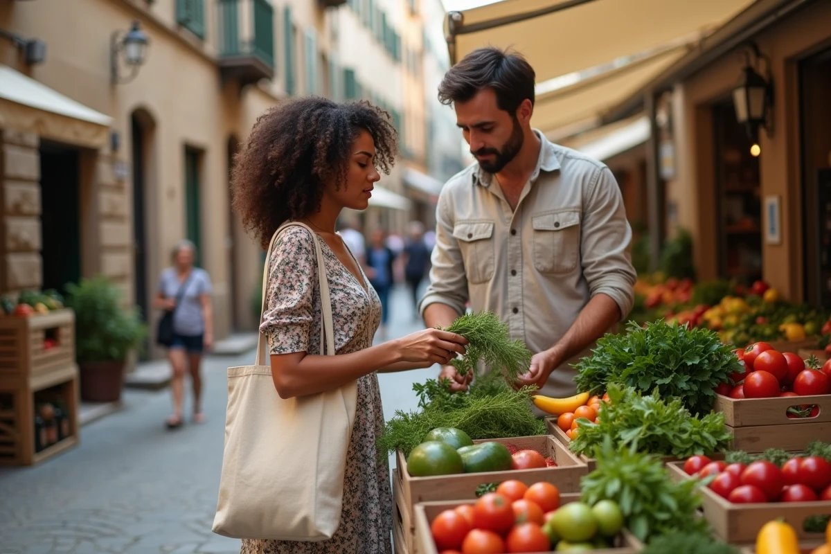 Couple mixte franco-portugais faisant leurs courses ensemble au marché en plein air