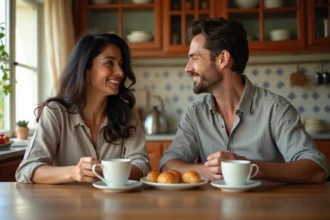 Couple franco-portugais partageant un petit-déjeuner avec des pastéis de nata dans une cuisine aux azulejos traditionnels