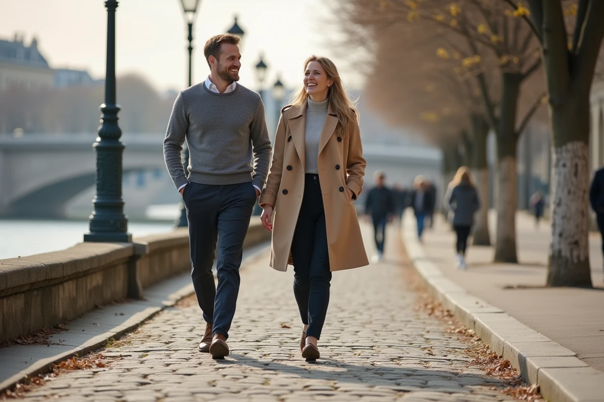 Couple élégant marchant le long des quais de la Seine à Paris, tenue smart casual, complicité naturelle, photo candide