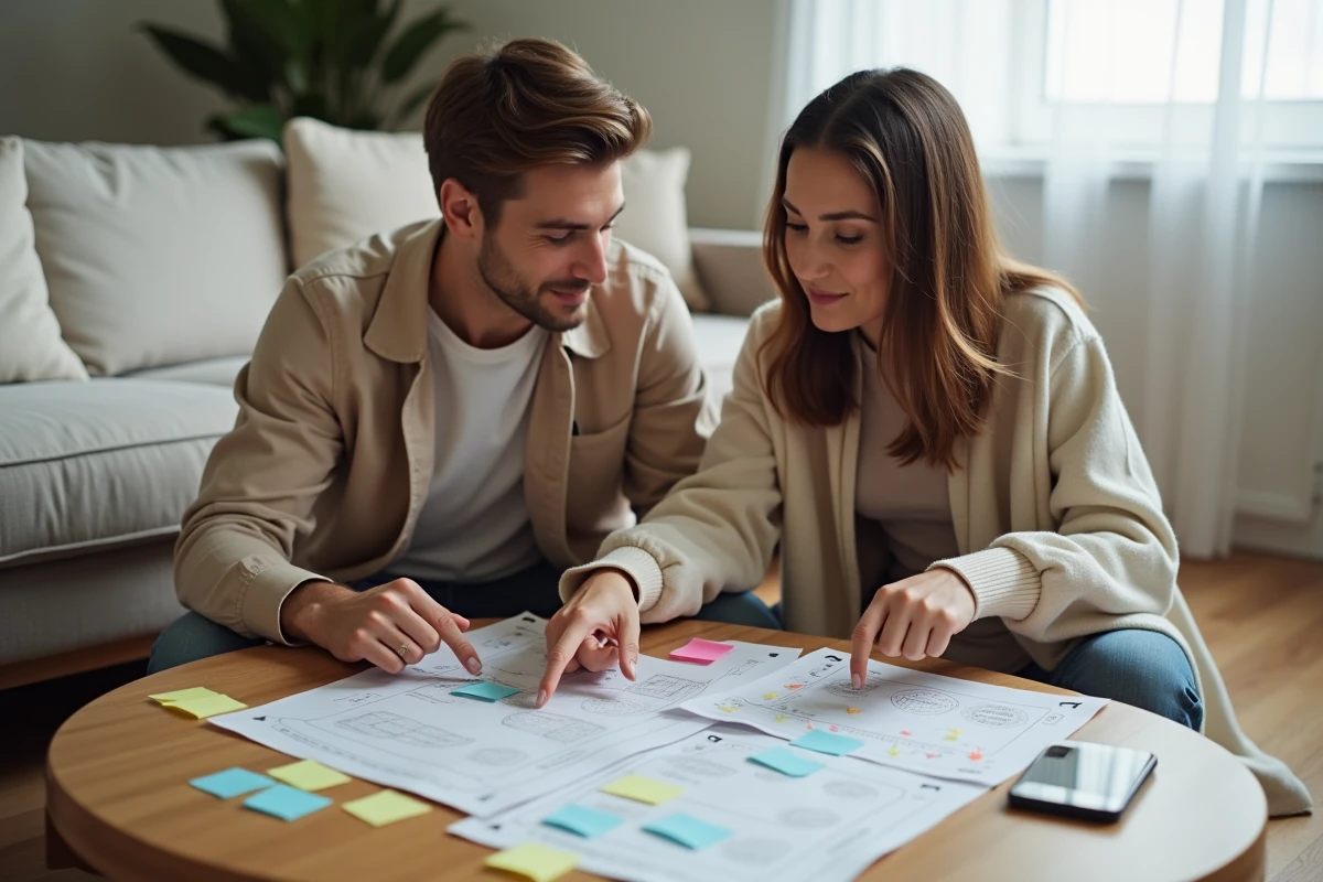 Deux adultes collaborant sur des feuilles d'énigmes et un smartphone affichant un jeu d'escape room dans un appartement moderne