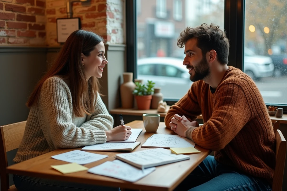 Deux étudiants en linguistique discutant de notions paradigmatiques autour de cahiers annotés dans un café urbain