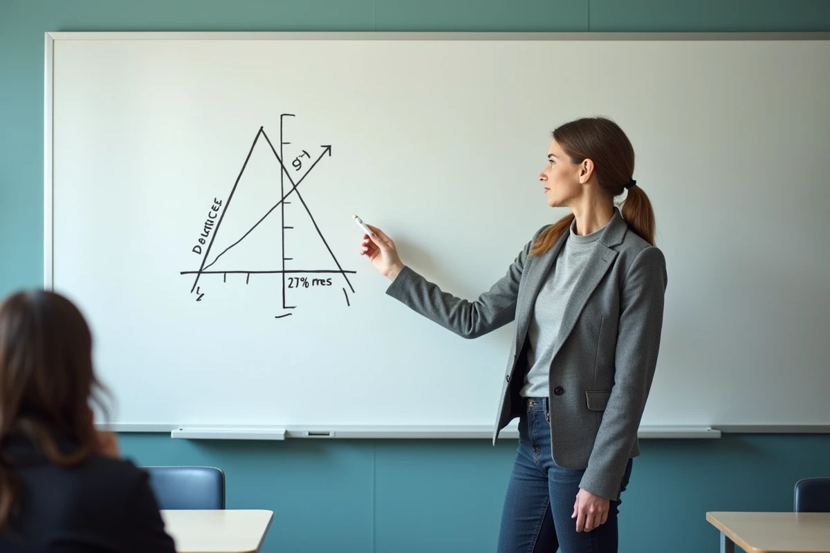 Enseignante expliquant la différence entre la pente en pourcentage et en degrés sur un tableau blanc avec un diagramme triangulaire