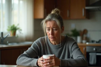 Femme inquiète assise dans une cuisine tenant une tasse, illustrant la détresse émotionnelle face à un partenaire manipulateur