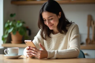 Femme souriante jouant à un jeu sémantique sur smartphone à une table en bois dans une cuisine scandinave chaleureuse