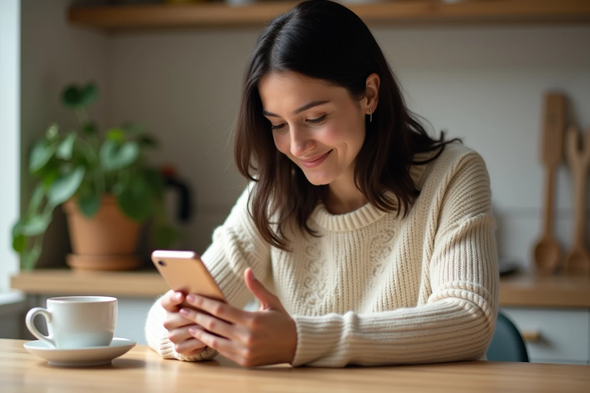 Femme souriante jouant à un jeu sémantique sur smartphone à une table en bois dans une cuisine scandinave chaleureuse