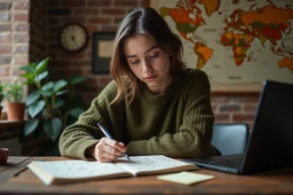 Jeune femme étudiant des énigmes d'escape room dans un carnet posé sur un bureau en bois avec des notes et un ordinateur portable